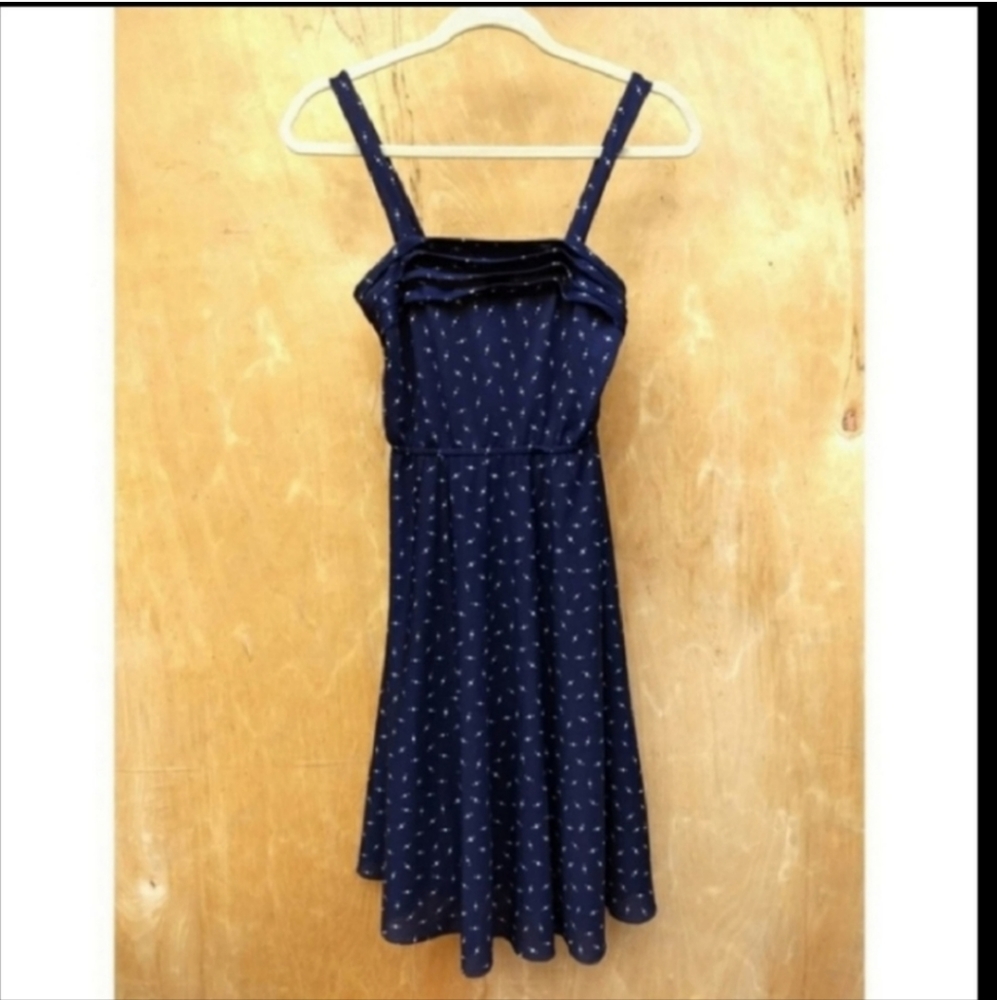 Vintage navy blue polka dot knee length dress sleeveless xs